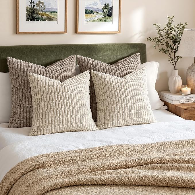 MIULEE Corduroy Decorative Throw Pillow Covers 18x18 Cream White Pack of 2 | - Image 5