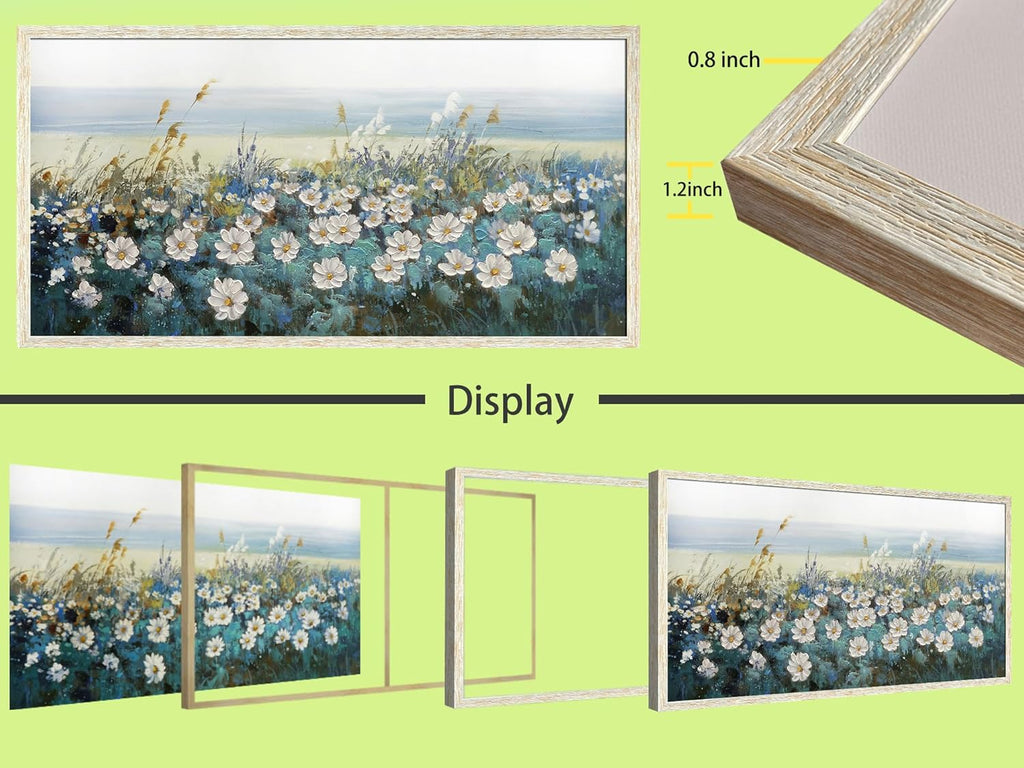 Arjun Flowers Wall Art Canvas White Daisy Floral Painting Blue Coastal Landscape Picture Modern Artwork for Living Room Bedroom Bathroom Dinning Room Office Home Wall Decor Large Framed 48"x24"