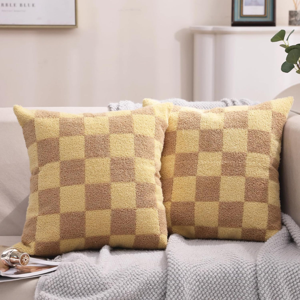 Alysheer Checkered Embroidered Decorative Throw Pillow Covers 18"x 18" Set of 2, Farmhouse Cottage Cream Ivory Plaid Tufted Patterned Cotton Canvas Cushion Case for Sofa Couch Bed Living Room
