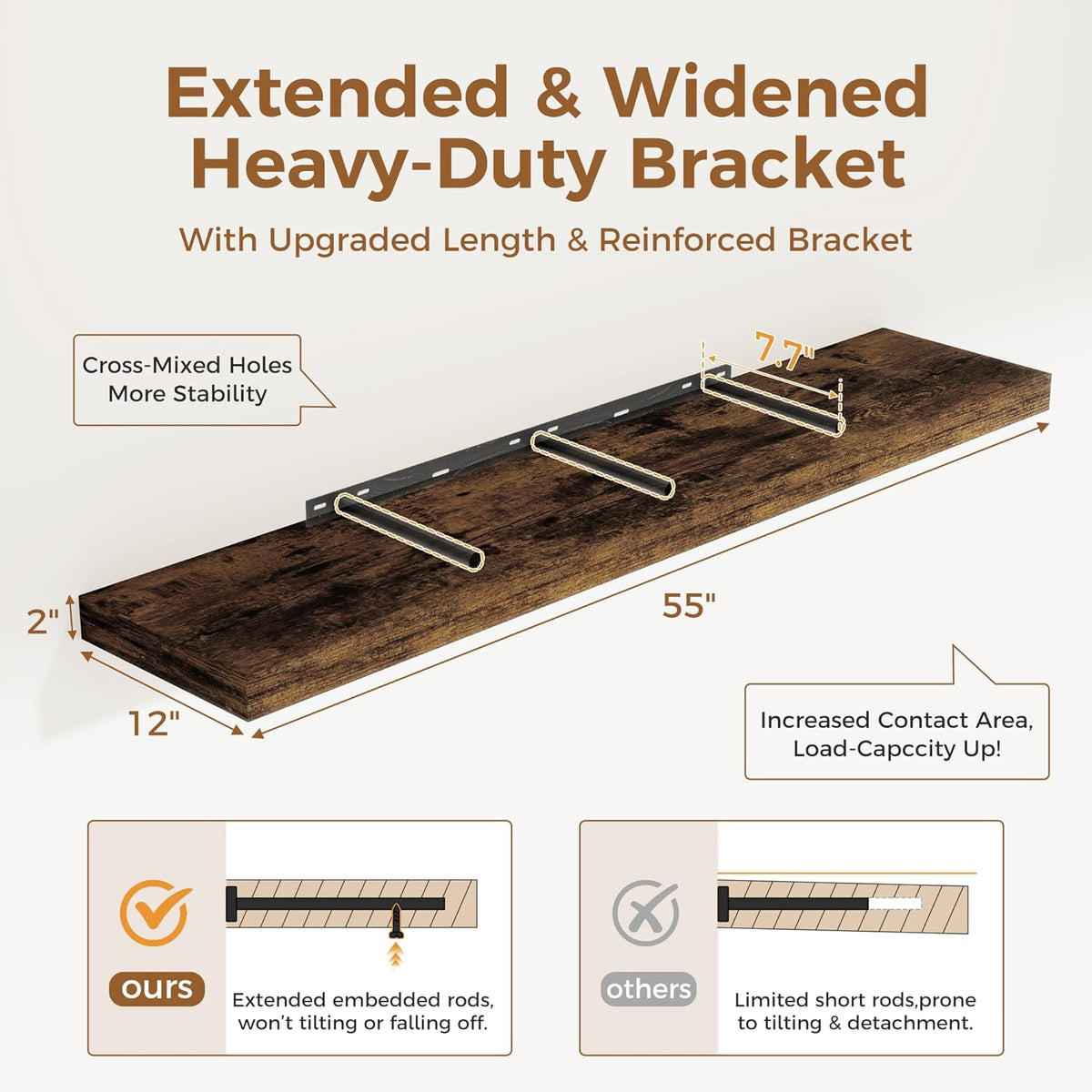 Floating Shelves 55 Inch Long, 55 x 12 Large Floating Shelf Wall Mounted, 12 Inch Wide Floating Shelves for Fireplace Mantel, 2" Thicked Storaged Shelves for Living Room, Bedroom, Rustic Brown, 1 Pack