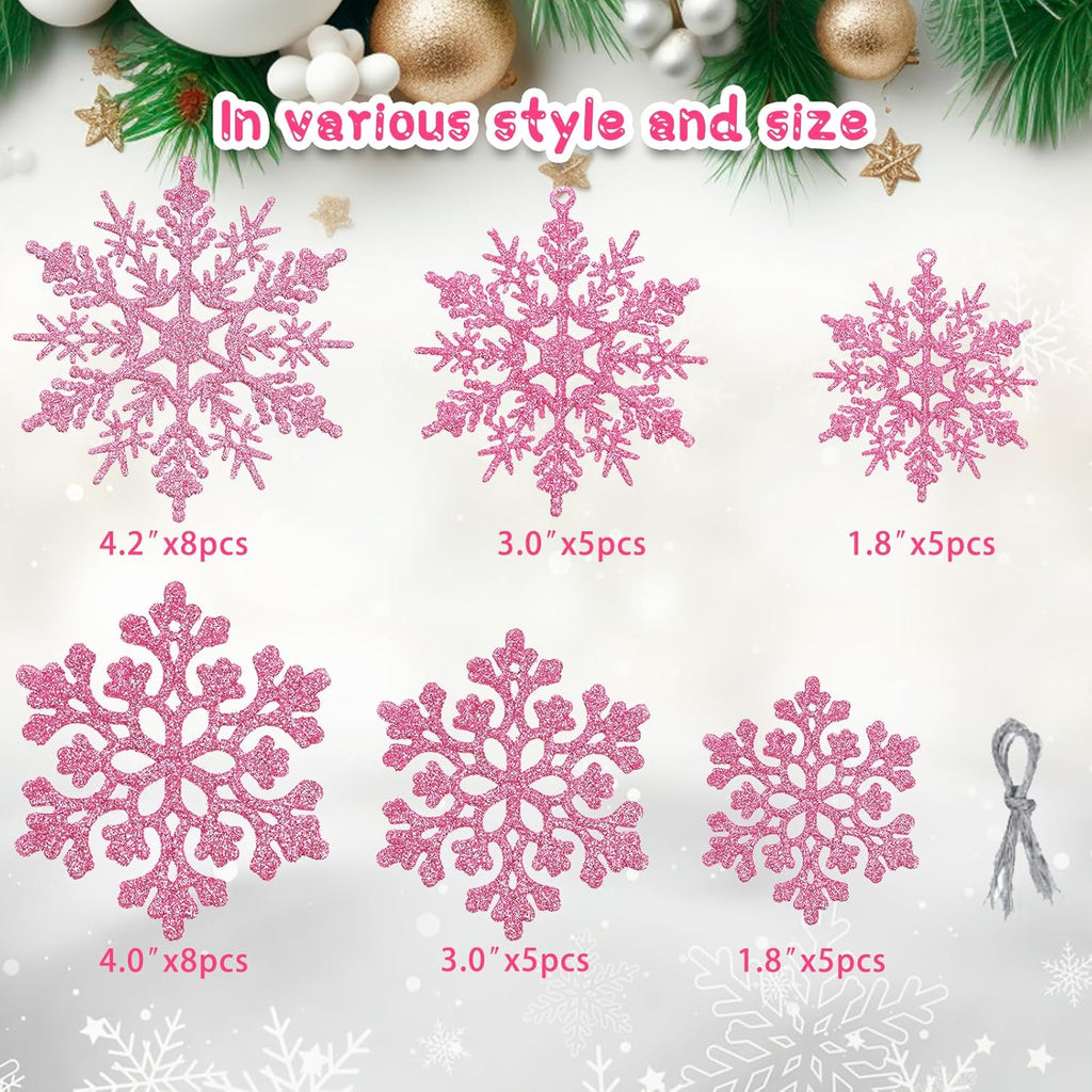 36pcs Christmas Light Pink Snowflake Ornaments Plastic Glitter Snow Flakes Ornaments for Winter Christmas Tree Decorations Size Varies Craft Snowflakes