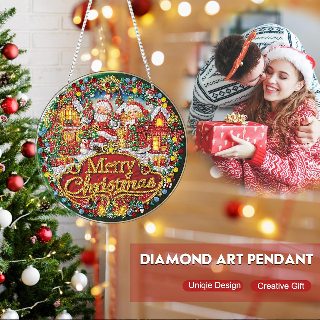 Diamond Art Hanging Kit for Adult, Merry Christmas, DIY Special Shaped Crystal Acrylic Diamond Art Painting Window Pendants, Santa Claus Sign, Diamond Painting Ornament for Home Garden Wall decor