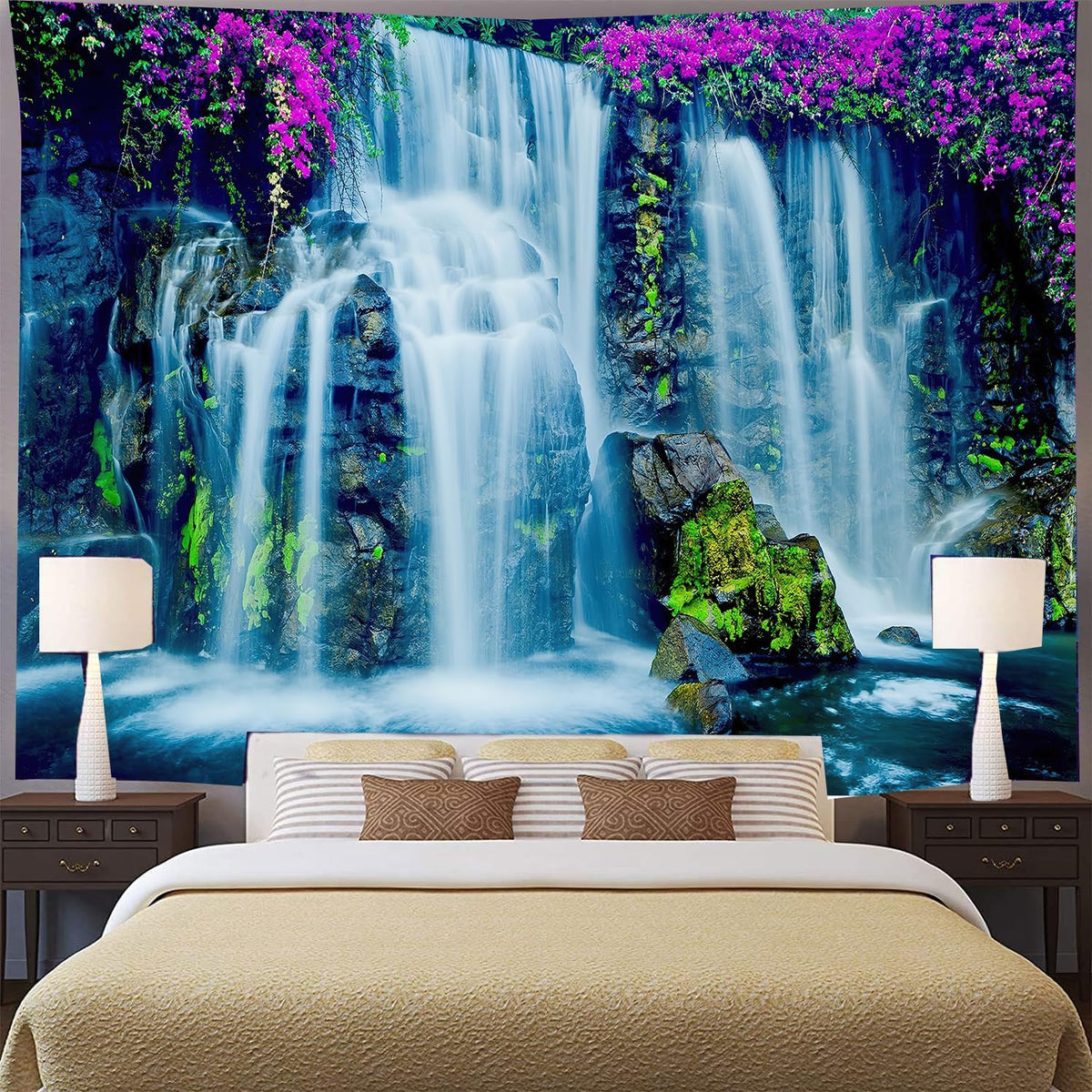 FENDROM Waterfall Tapestry Purple Forest Wild Flowers Floral Mountain Jungle Plants Nature Landscape Wall Hanging Bedroom Living Room Hanging Decorative Blanket