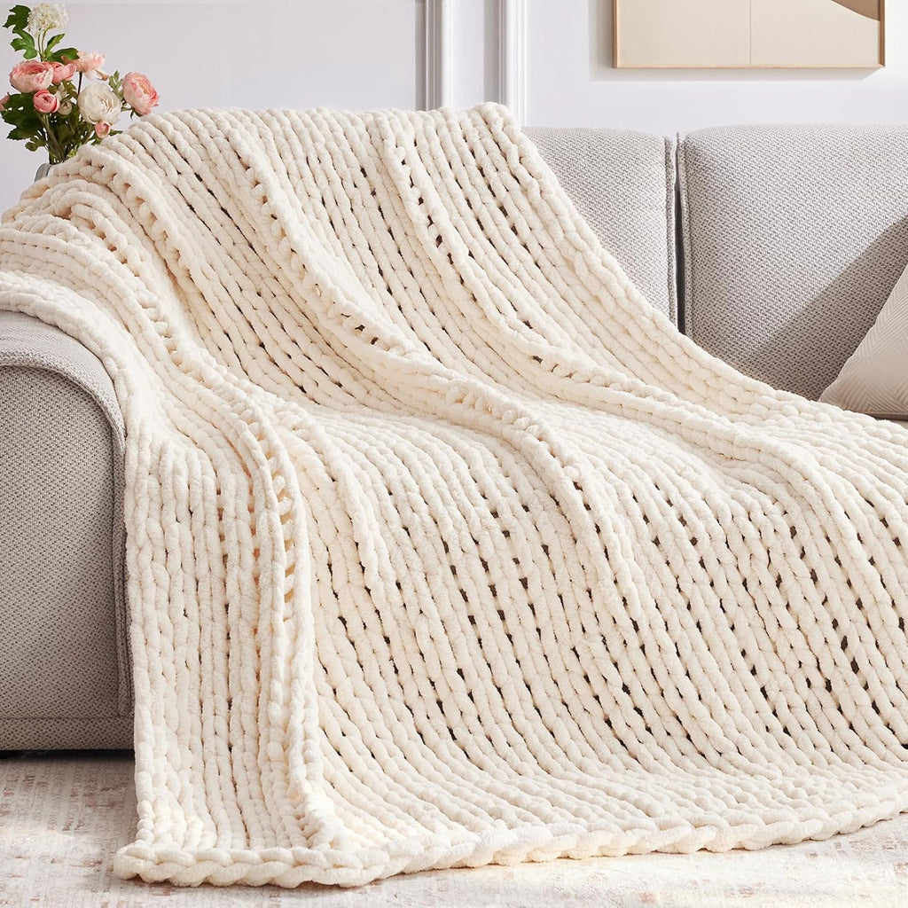 Chunky Knit Throw Blanket, 80''*90'' Knitted Throw Chenille Yarn for Bed Couch, Handmade Cream Crochet Big Thick Blanket, Machine Washable Cute Comfy Blanket for Home Decor