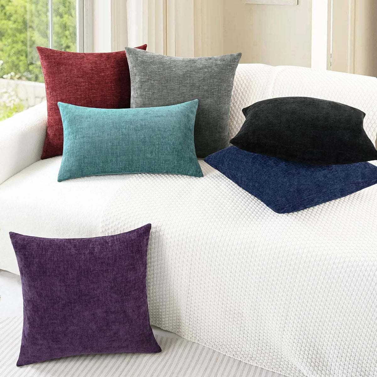 CaliTime Throw Pillow Covers Decorative 18 X 18 Inches Pack of 2 Cozy Chenille Cushion Cases for Couch Sofa Bed Living Room Home Burgundy