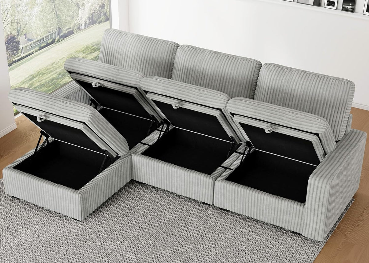 Belffin Modular Sectional Sofa with Storage Ottoman, Oversized Cloud Couch Sectional with Extra Deep Seat, Convertible L Shaped 4 Seater Sectional Couches for Living Room, Plush Corduroy Light Grey