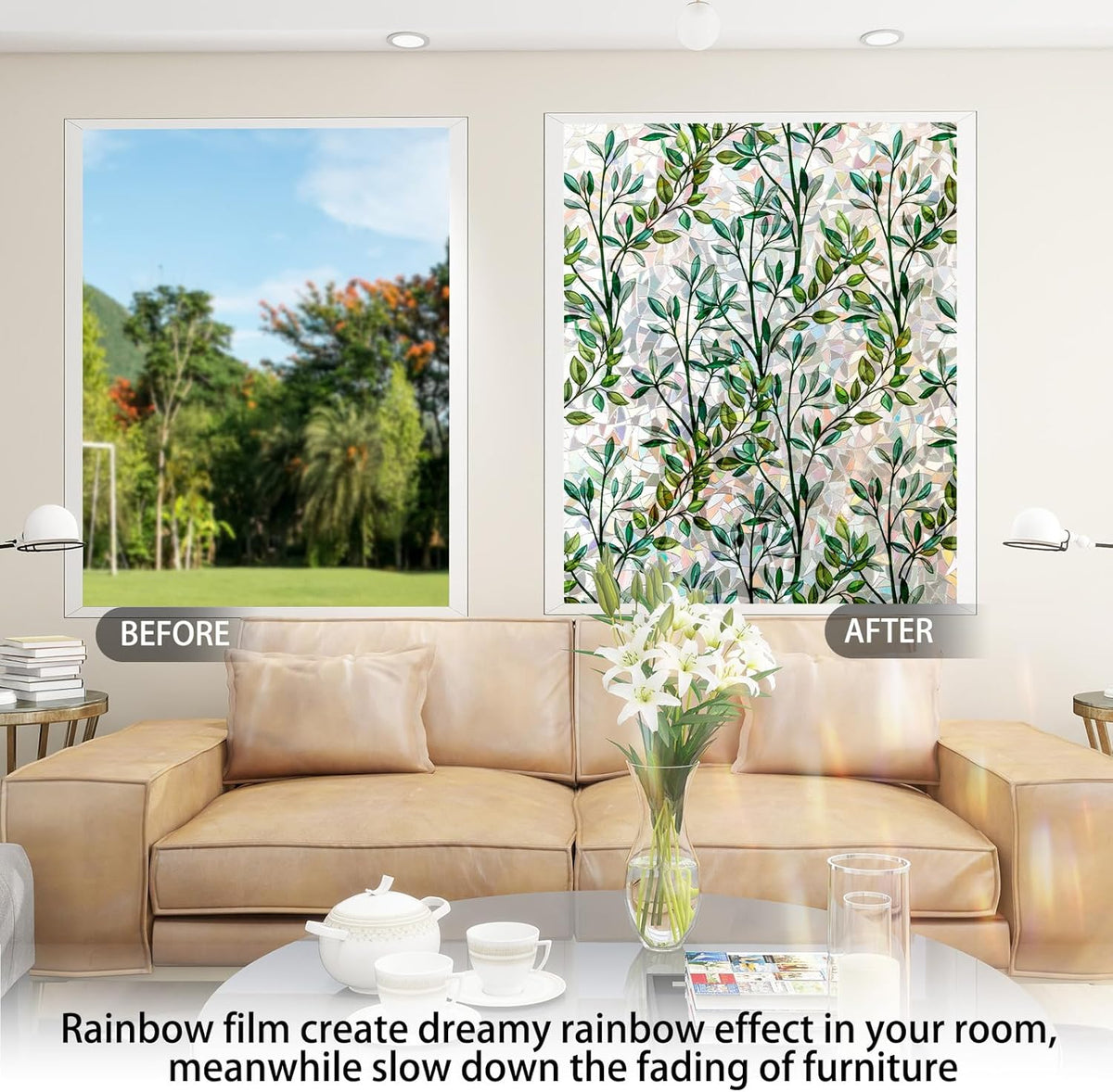 Rainbow Window Privacy Film 3D Leaf Decorative Stained Glass Window Film Anti UV Non-Adhesive Reusable 23.6" x 157.4" for Home Room Car Glass Cling