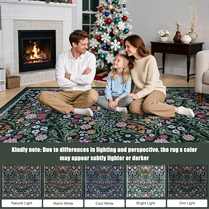 PLHXFR Area Rug Living Room: 4x6 Floral Washable Boho Carpet Dark Green | - Image 9