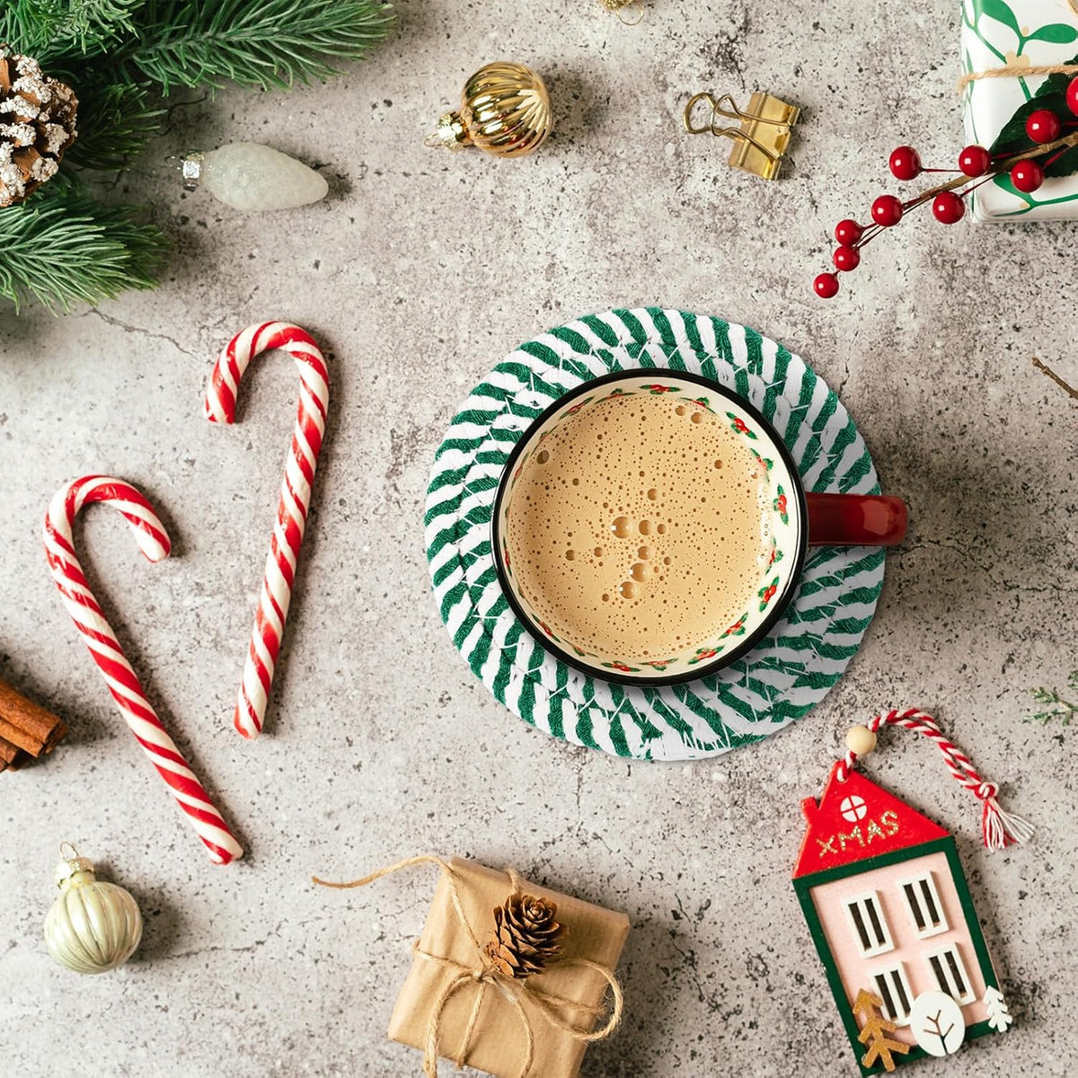 Whaline Christmas Cotton Coasters Red Green Peppermint Candy Handmade Braided Drink Coasters Absorbent Cup Mats for Xmas Holiday Party Home Table Decor, Set of 4