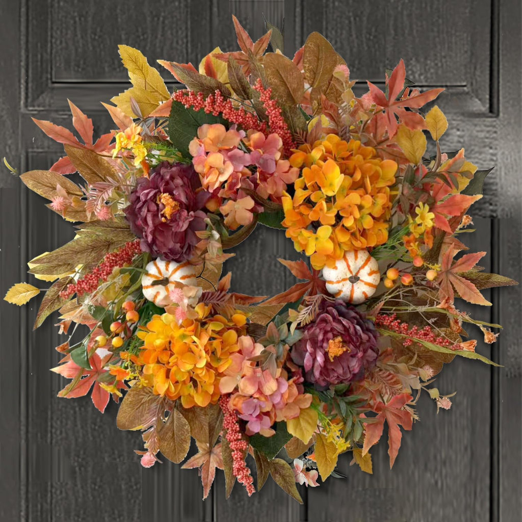 WANNA-CUL 24 Inch Fall Wreaths for Front Door with Hydrangea,Peony and White Pumpkins-Fall Decorations for Home, Fall Door Wreath Decor for Autumn,Harvest, Halloween or Thanksgiving