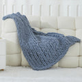 WESHIONGOO Chunky Knit Blanket Throw 40"×40" Knitted Throw Blankets for Couch Bed Fluffy Soft Blanket with Jumbo Chenille Yarn Thick 100% Handmade (Dusty Blue)