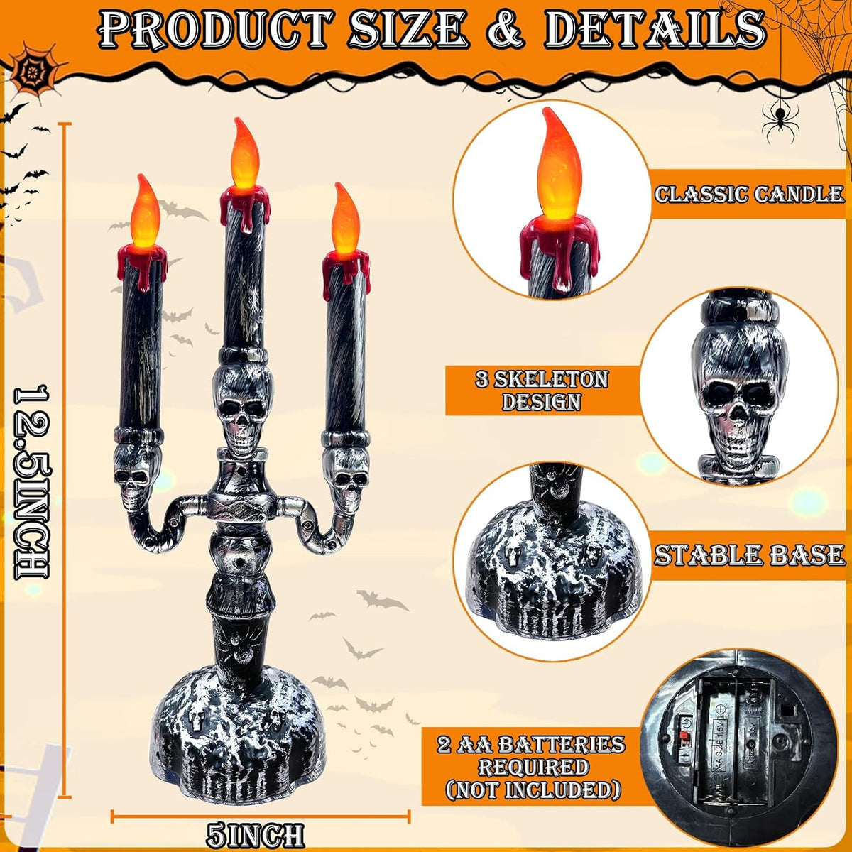 TURNMEON 2 PCS Skull Halloween Candles Lamp,Halloween Decorations Indoor 3-Candles Candelabra LED Lights Battery Operated Candles Holder, Halloween Decor for Home Table Party Room Scary Haunted House