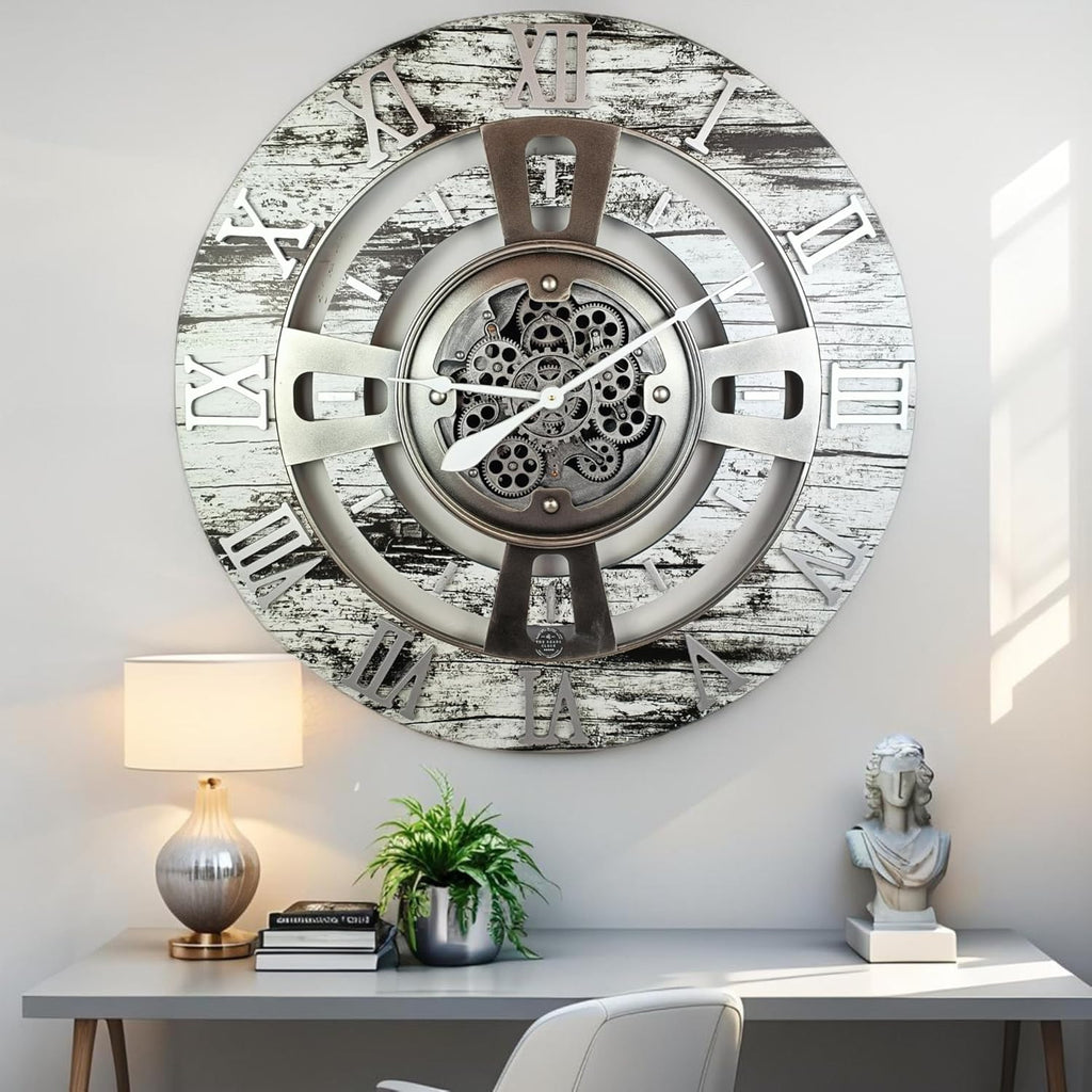 The Gears Clock 24'' Inch Real Moving Gear Wall Clock England Line (Grey & White, 24 inches (60 cm))
