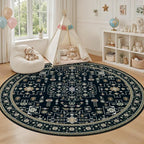 Round Area Rug for Living Room: 8ft Washable Rug for Bedroom Black | Vintage - Image 5
