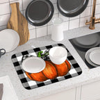 Fall Pumpkin Dish Drying Mat for Kitchen Counter Black White Buffalo Check Thanksgiving Super Absorbent Reversible Microfiber Kitchen Countertop Protector Dishes Pad Small 16x18 inch