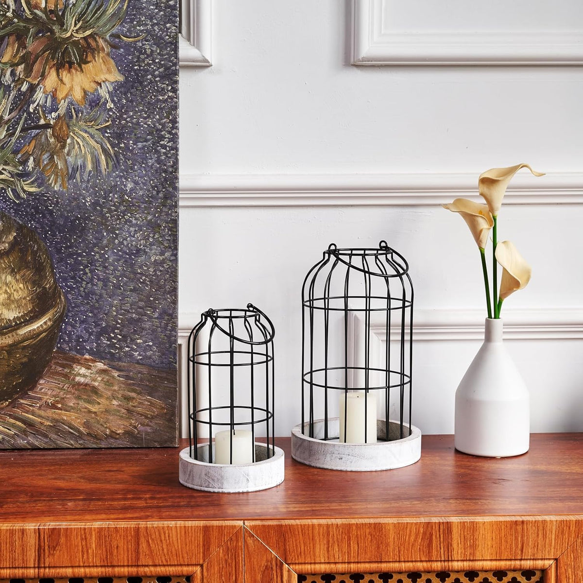 PHOSPHOR Rustic Farmhouse Decor Lantern Set of 2 Modern Farmhouse Decorative Indoor for Kitchen Fireplace Centerpiece Table Dinning Living Room