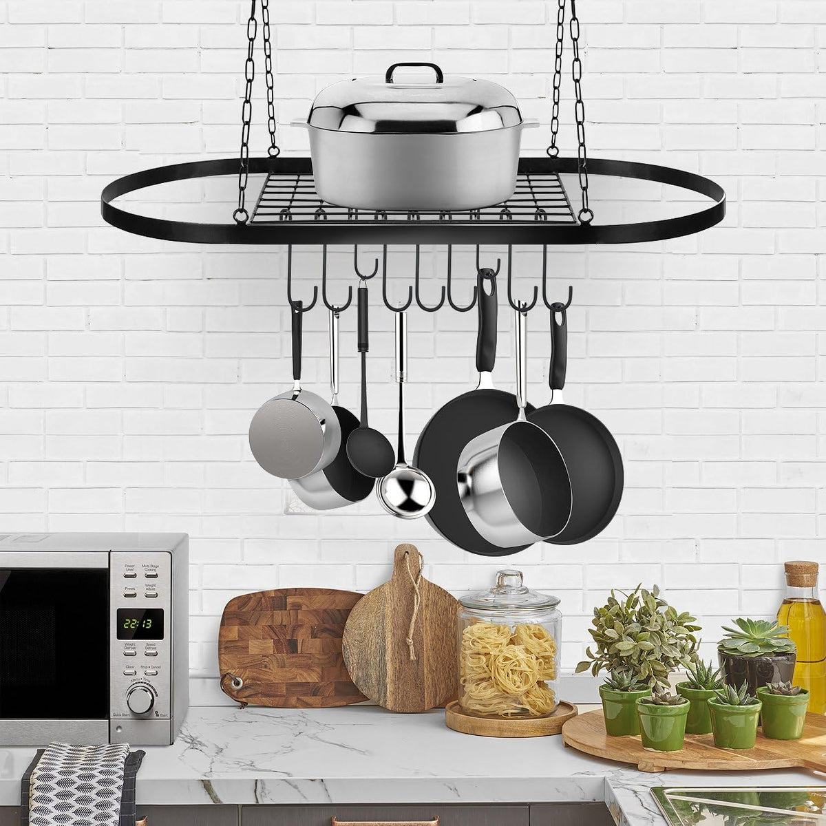 Sorbus® Pot and Pan Rack for Ceiling with Hooks — Decorative Oval Mounted Storage Rack — Multi-Purpose Organizer for Home, Restaurant, Kitchen Cookware, Utensils, Books, Household (Hanging Black)