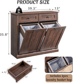 Double Tilt Out Laundry Hamper Cabinet, 20 Gallon Farmhouse Trash Can Cabinet with Drawer, Hidden Wood Garbage Can Bin Cabinet with Laundry Storage Basket for Bathroom, Kitchen, Brown