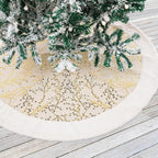 White-Gold Christmas Tree Skirt, White Faux Fur Plush Trim, Embellished with Golden Branches Pattern, Big Thick Velvet Xmas Tree Mat for Home Decoration, Gold Santa Skirt for Trees