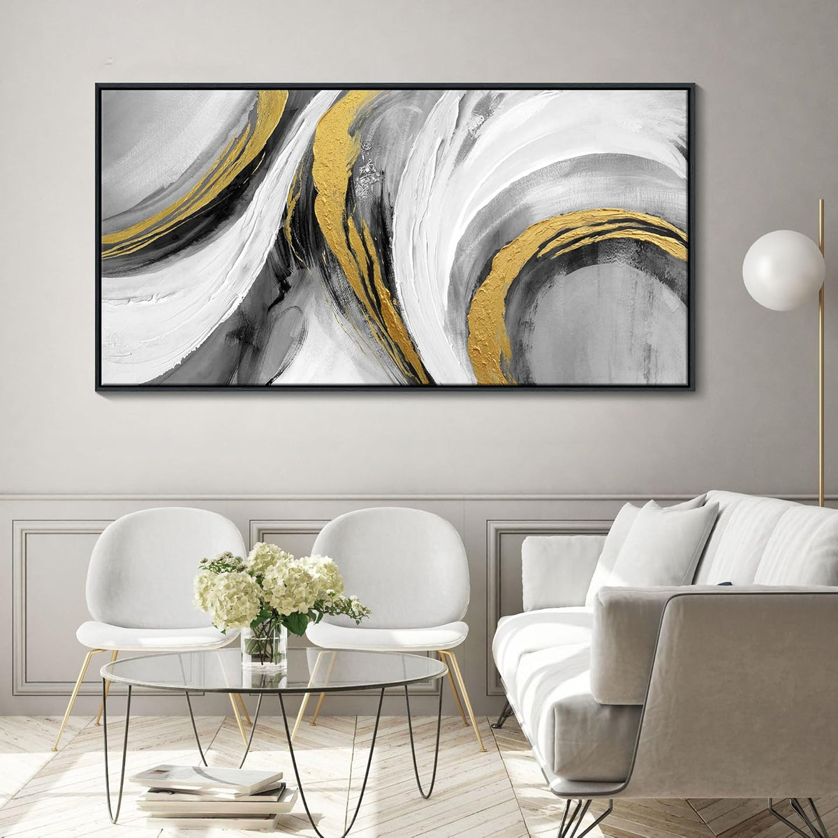 Large Abstract Wall Art, Black White and Gold Texture Graffiti Framed Paintings Modern Gallery Picture Artwork for Living Room Bedroom Office Home Decor 20x40 In