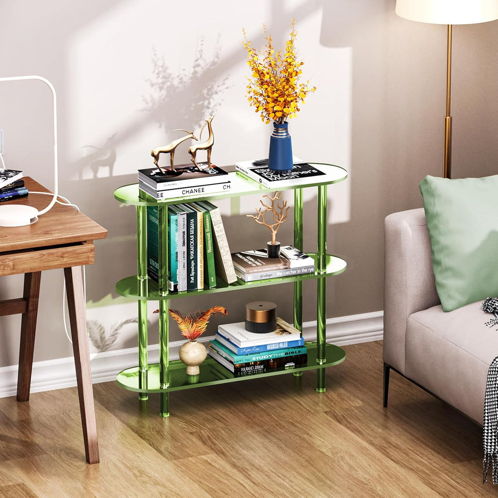 Clear Bookshelf, Acrylic Bookcase with Open Book Shelf Console Table for Entryway Office (3 Tier Green)