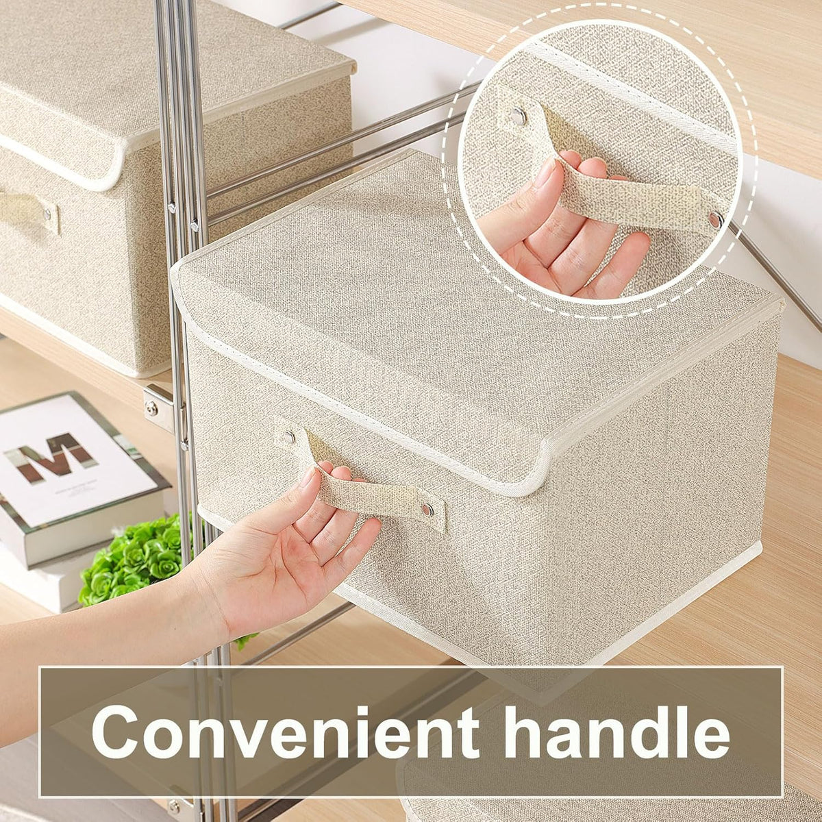 Storage Boxes, Collapsible Storage Bins with Lids, Cotton and linen cloth Storage Baskets with Handle, for Books, Closet, Bedroom, Home, 13x9.1x7.9 in, Grey and Beige