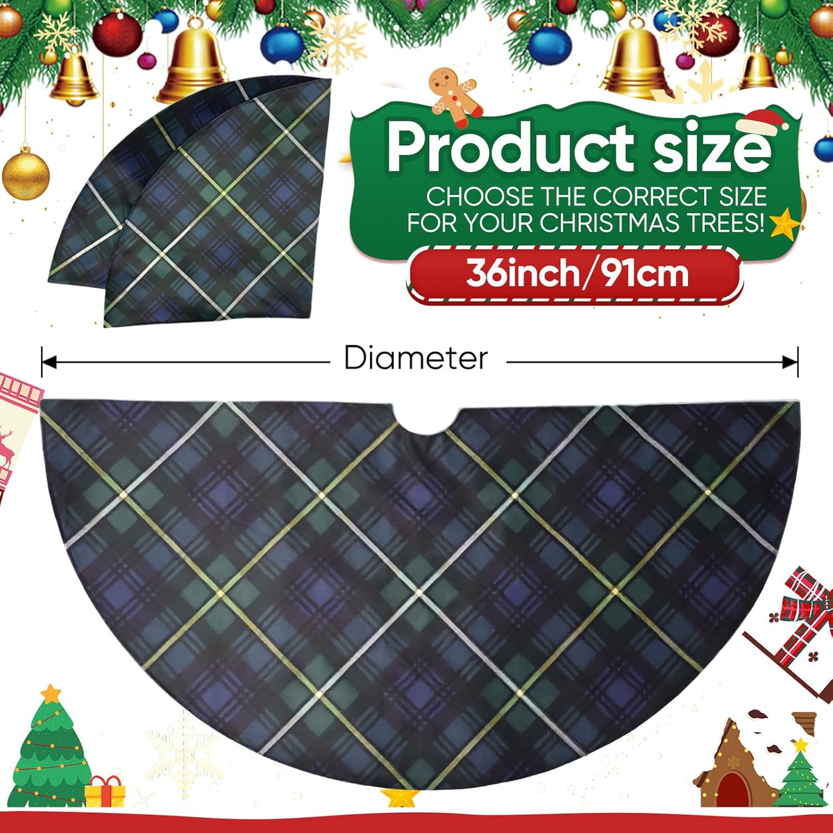 Christmas Tree Skirt 36 Inch – Campbell Clan Tartan Navy Blue and Green Plaid Tree mat for 4–6 FT Xmas Trees, Classic Scottish Holiday Decor for Farmhouse, Home, Office, Indoor or Outdoor