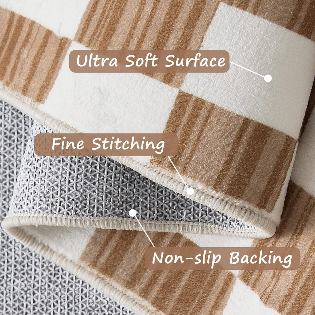 jinchan Runner Rug 2x6 Hallway Washable Modern Checkered Geometric Lattice Kids Bedroom Rug Indoor Floor Cover Non Slip Soft Carpet for Nursery Room Kitchen Laundry Room Home Brown