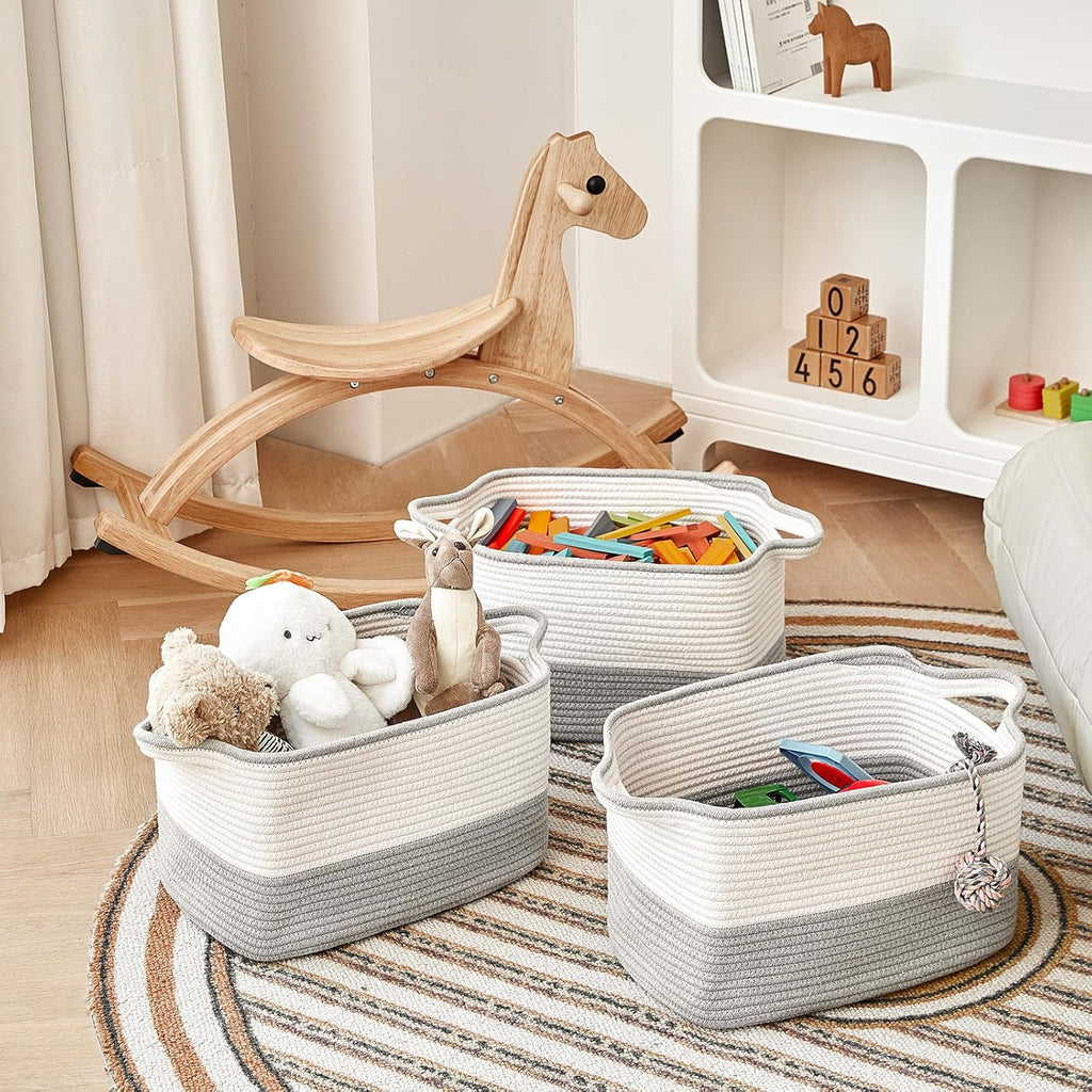 Cotton Rope Storage Basket Set of 3 (15"x10.2"x9.1") - Rectangle Storage Bins - Versatile Toy Storage Organizer - Perfect for Kids, Dog Toys, Books, Shelves - White & Grey