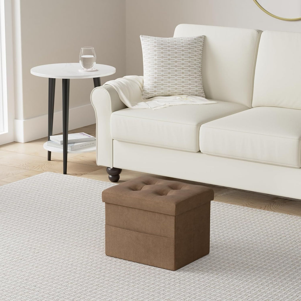 LINMAGCO Storage Ottoman Folding Foot Stool Foot Rest with Side Pocket Modern Ottoman with Storage Short Sofa Stool Linen Cloth 17x13x13(Brown)