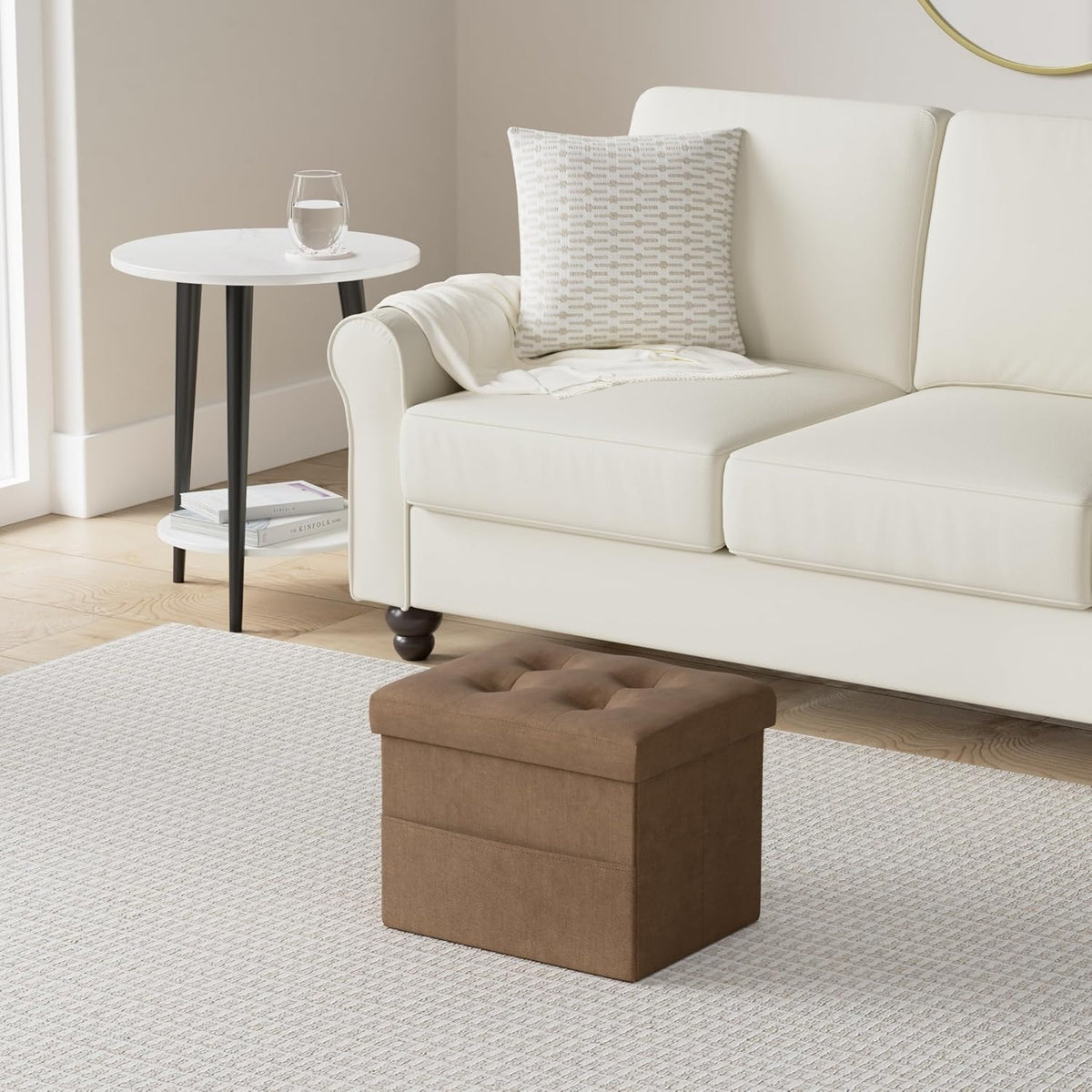 LINMAGCO Storage Ottoman Folding Foot Stool Foot Rest with Side Pocket Modern Ottoman with Storage Short Sofa Stool Linen Cloth 17x13x13(Brown)