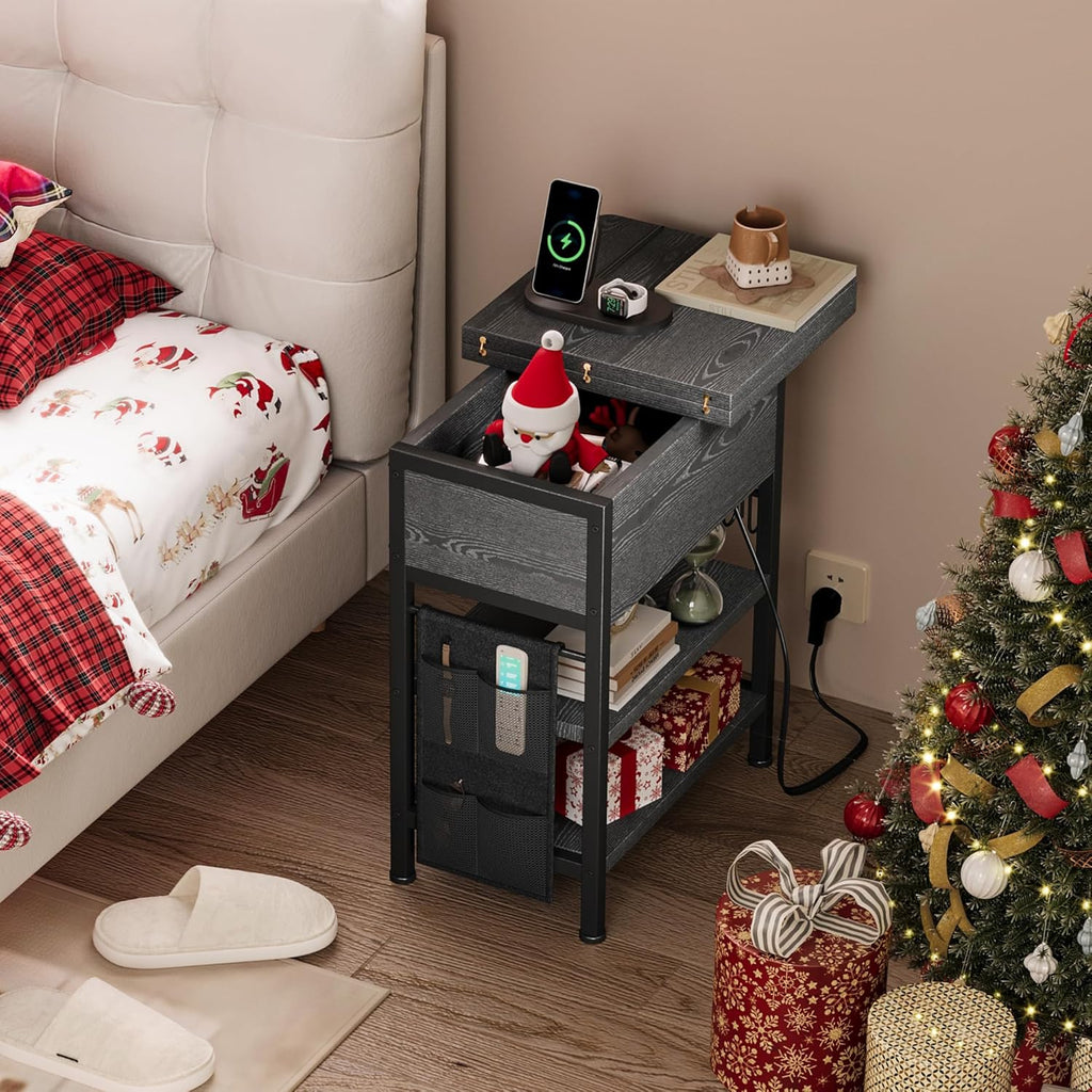 End Table with Charging Station, Flip Top Nightstand with USB Ports and Outlets,Couch Side Table with Fabric Bag and Hooks, Bedside Table for Space Saving, Living Room, Bedroom (Grey)