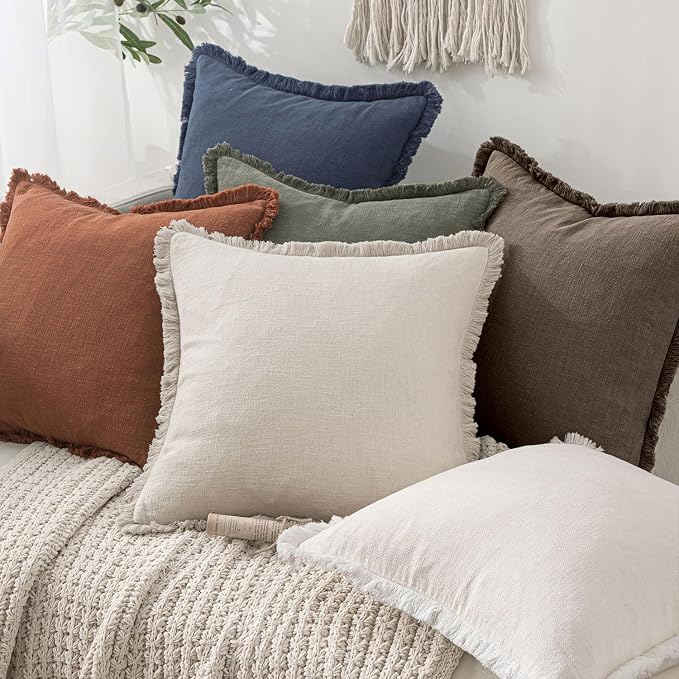 MIULEE Boho Linen Fringe Decorative Fall Throw Pillow Covers Coffee 20x20 | Set - Image 6