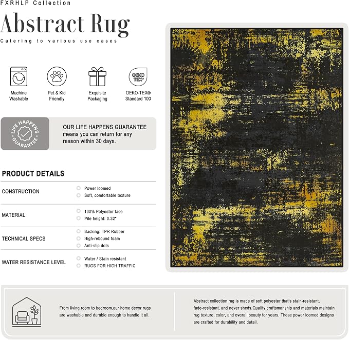 10x12 Area Rug Living Room: Modern Washable Soft Carpet Black Gold | - Image 2
