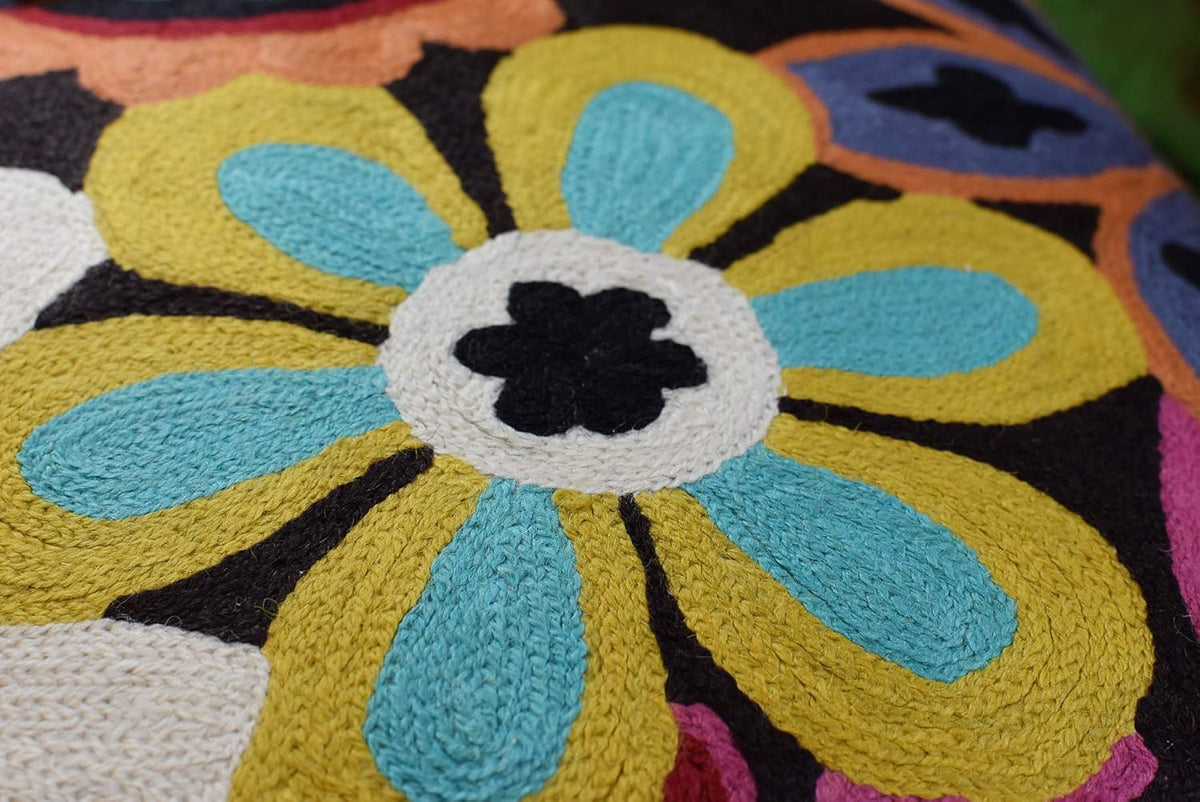 Modern Black Daisy Floral Pillow Cover Accent Flower Traditional Pillowcase Hand Embroidered Florals Couch Pillowsham Boho Outdoor Cushion Suzani Accent Pillow Wool 18x18 Inch