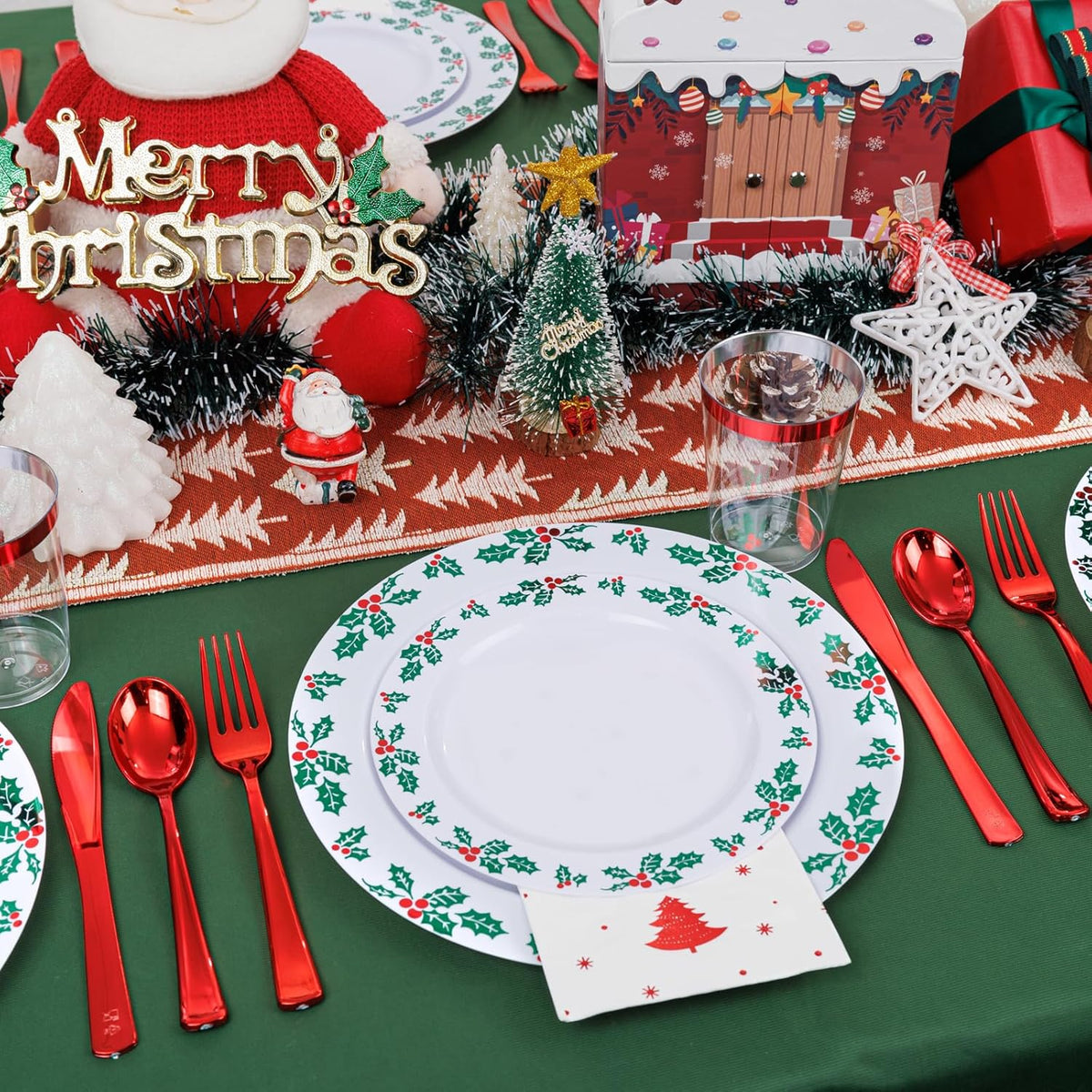 WDF 350pcs Christmas Plates and Napkins Set - Exquisite Holly Design - Christmas Dinnerware Set of 50 Christmas Plastic Plates 50 Red Silverware Set&Cups&Christmas Napkins