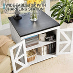 Farmhouse End Table Set of 2, 24" Large Sofa Side Table with Charging Station, Mesh Barn Door, White Nightstand with Adjustable Storage Shelf, Square Nightstand for Living Room, Bedroom
