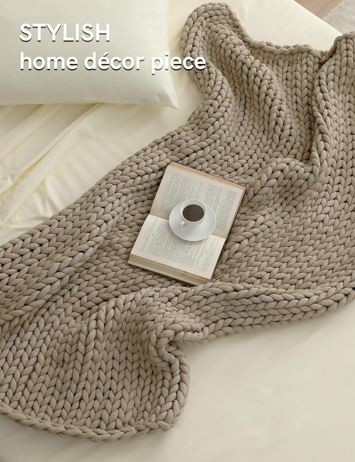 YnM Chunky Throw Blanket, Medium-Weight, Hand Knitted, Skin Friendly, Ventilated and Breathable, Machine Washable, Home Décor Piece for Couch, Sofa and Bed (Beige, 40x50 Inch)