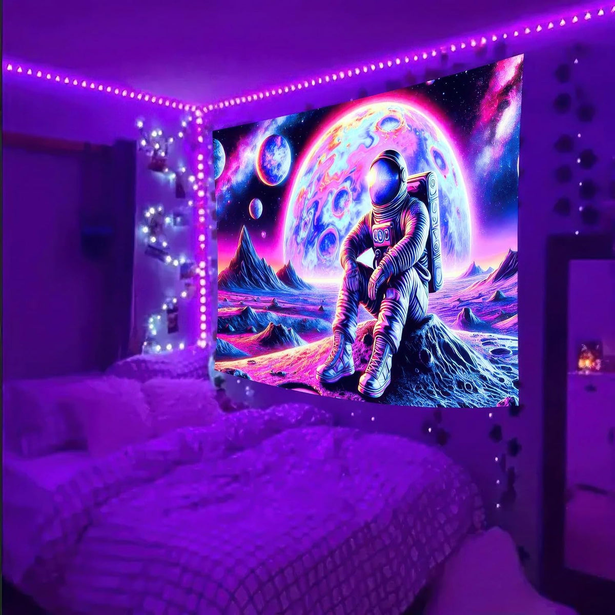 BlissYard Blacklight Tapestry Astronaut in Cosmic Landscape 78x59 Inches Modern Wall Art for Bedroom