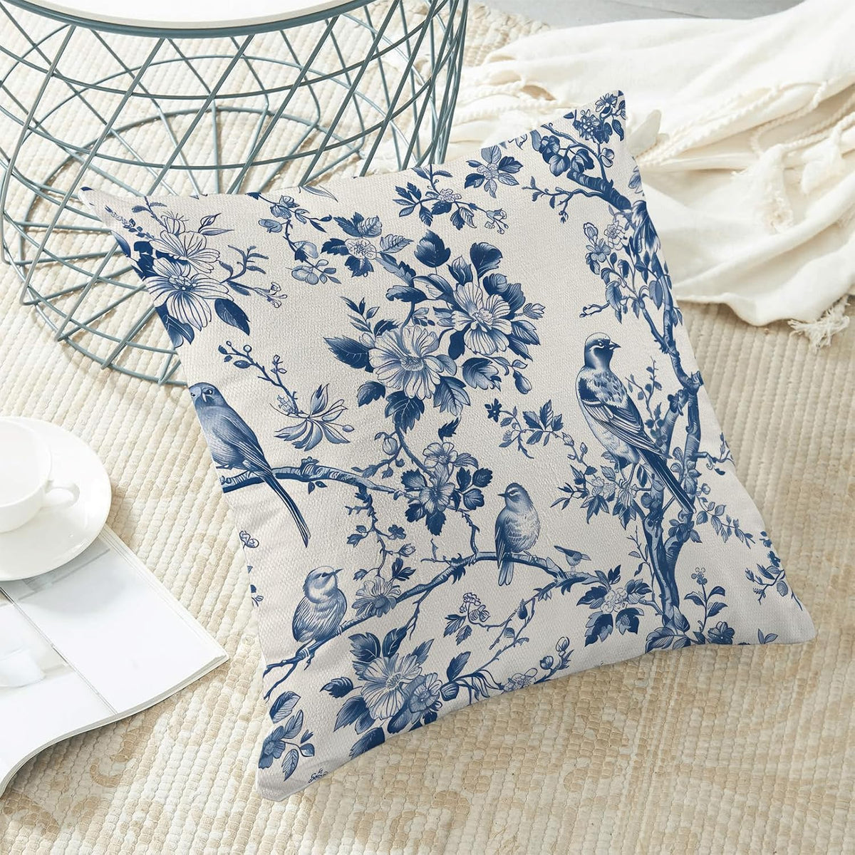 Navy Blue Spring Floral Pillow Covers 16 x 16 Inch Set of 2 for Vintage Chinoiserie Flowers Bird Decor Throw Pillows Plant Farmhouse Outdoor Decorative Cushion Cases for Couch Bed Decorations