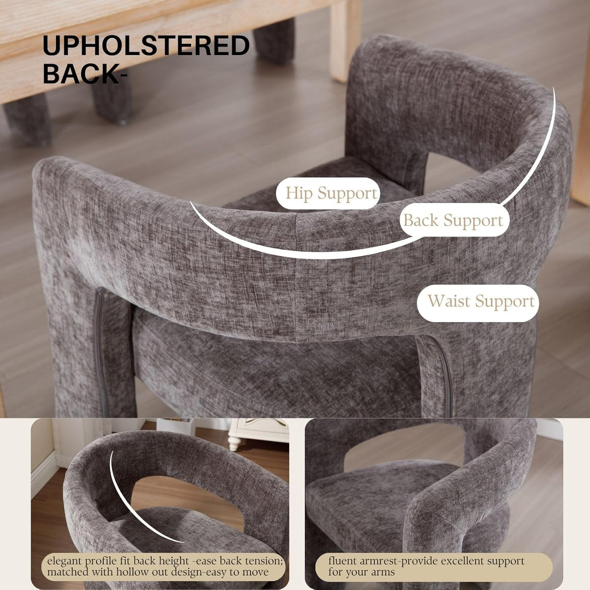 Charcoal Grey Chenille Dining Chairs Set of 2, Modern Barrel Dining Room Chairs Upholstered Accent Chair with Arms and Round Back for Living Room Kitchen Armchair No Assembly Needed