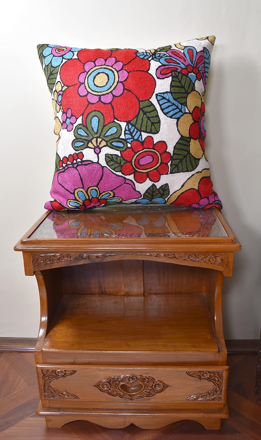 Floral Pillow Cover Handembroidered Wool 18x18 (Retro Floral Pillow Cover)