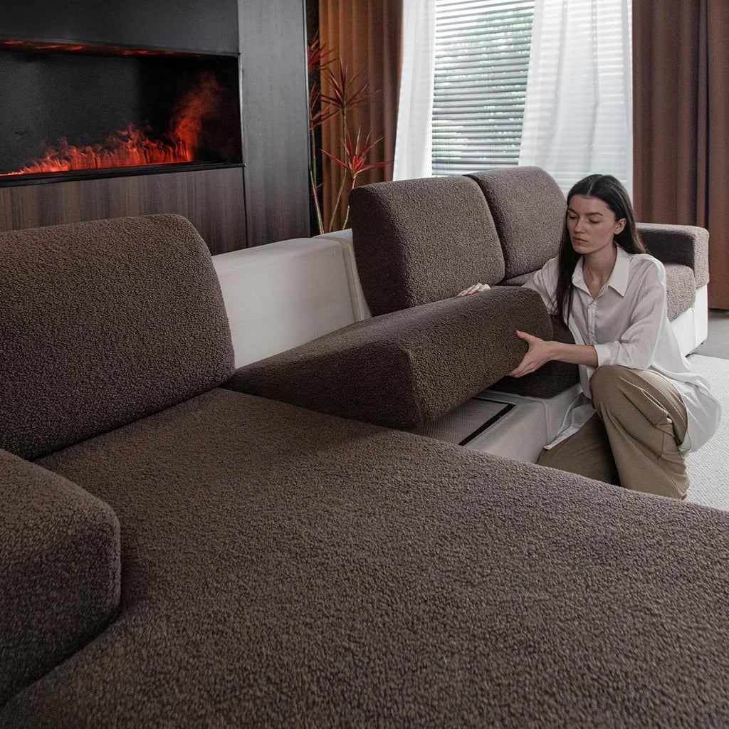 Couch Cushion Covers for Sectional Sofa, Stretch Soft Sofa Slipcovers Washable Wear-Resistant Universal Furniture Protector for Living Room(3 Seaters Covers, Brown)