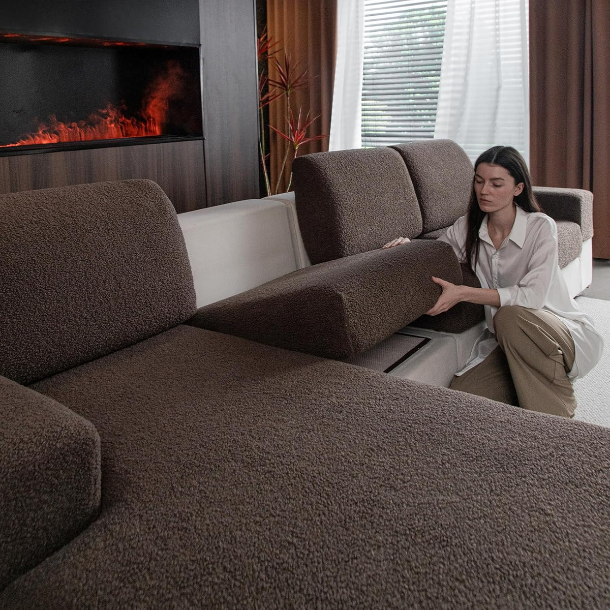 Couch Cushion Covers for Sectional Sofa, Stretch Soft Sofa Slipcovers Washable Wear-Resistant Universal Furniture Protector for Living Room(3 Seaters Covers, Brown)