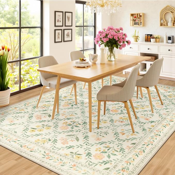 PLHXFR Area Rug Living Room: 4x6 Floral Washable Boho Carpet Beige Multi | - Image 4
