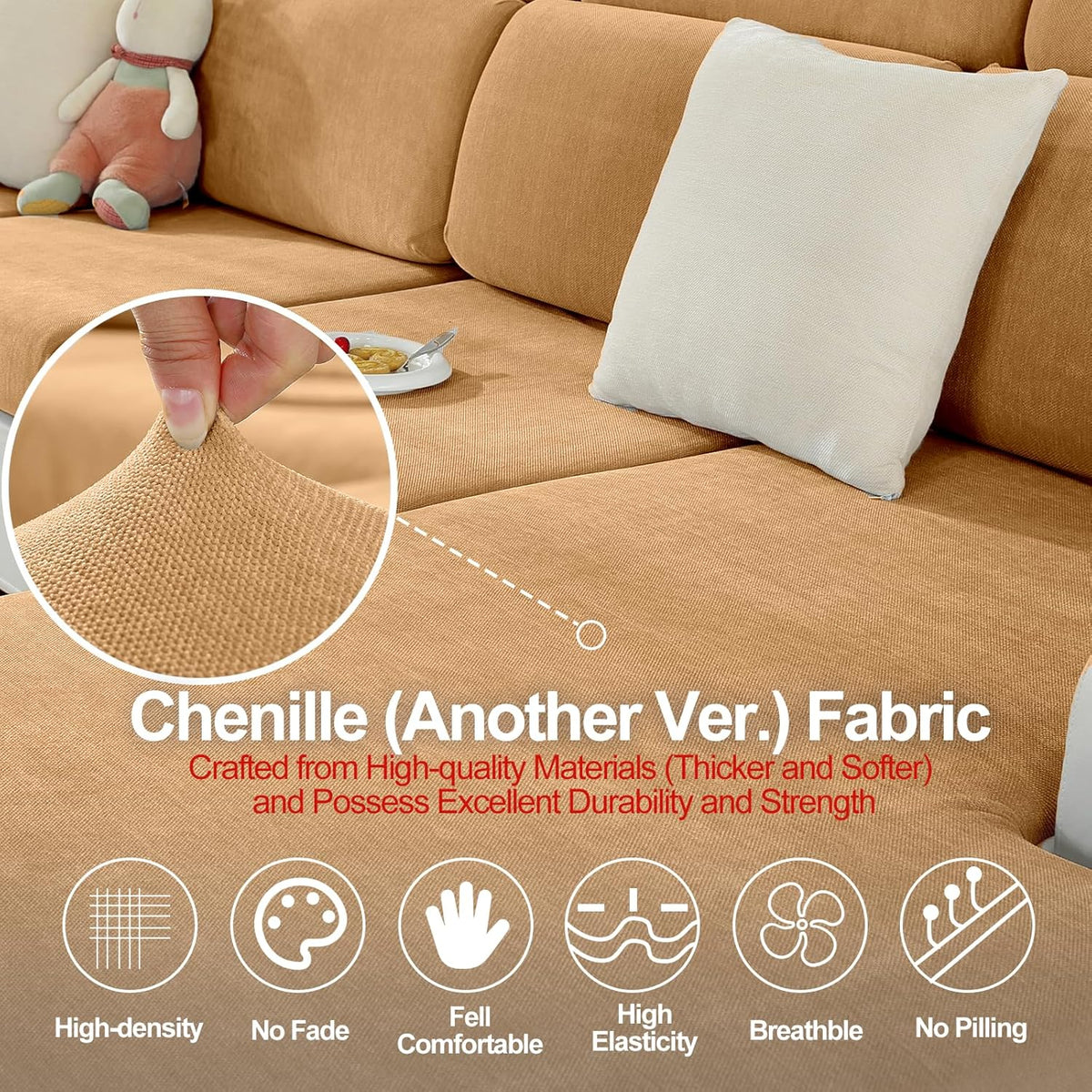 Large Backrest Cushion Covers Super Stretch Backrest Covers for 2 Cushion Couch Sofa, Couch Back Cushion Covers Featuring with Chenille Yarn (Softer Version, 2PC, Khaki)