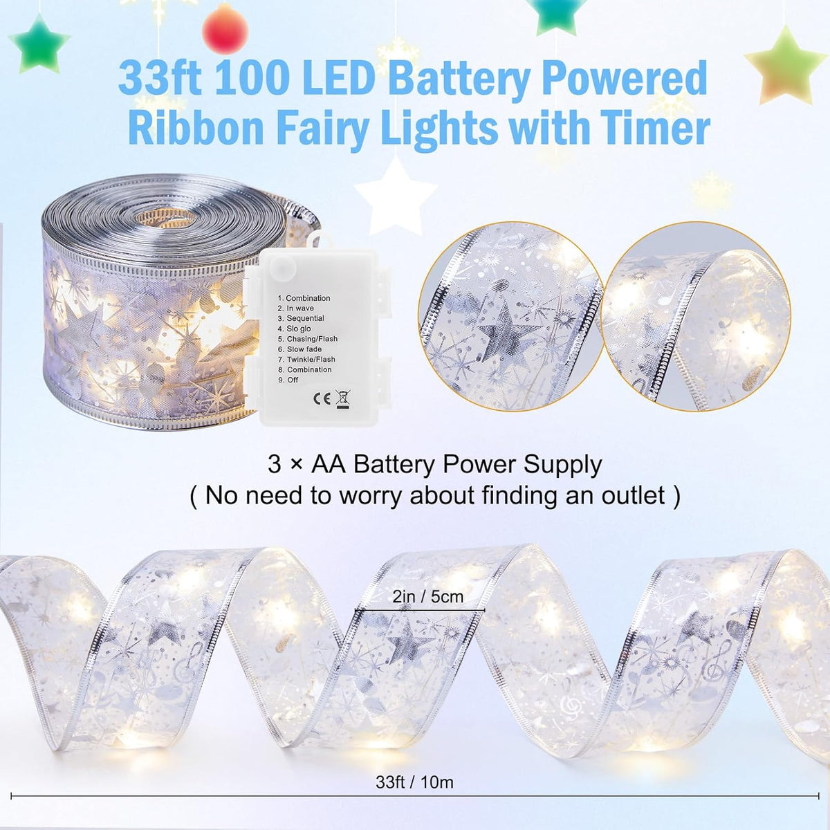 Minetom Christmas Tree Ribbon String Lights - 33ft 100 LED Battery Powered Fairy Lights with Timer