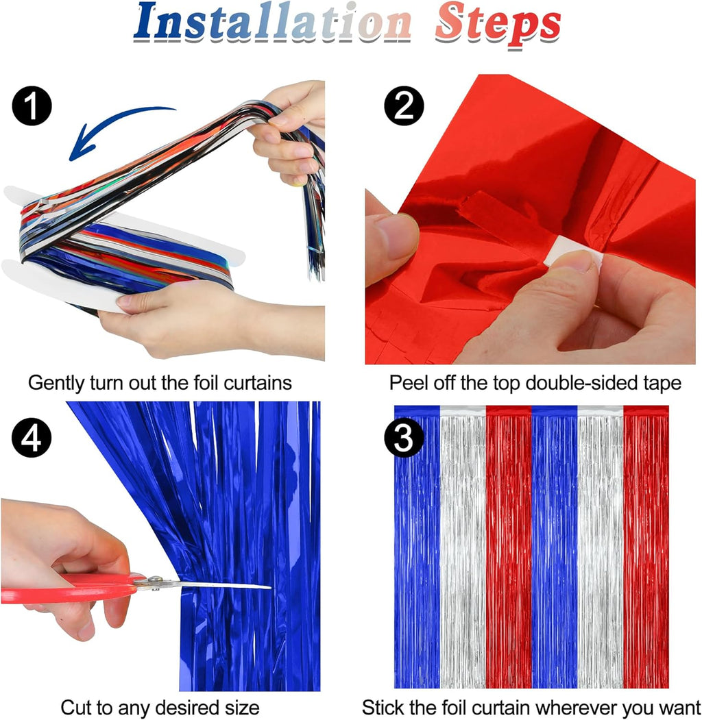 4 Pack 4th of July Decorations, 3.28 FT x 7.05 FT Independence Photo Backdrop, Metallic Blue Silver Red Backdrop Curtains Fringe Curtains Party Streamer, Patriotic Decor Fourth of July Party Supplies