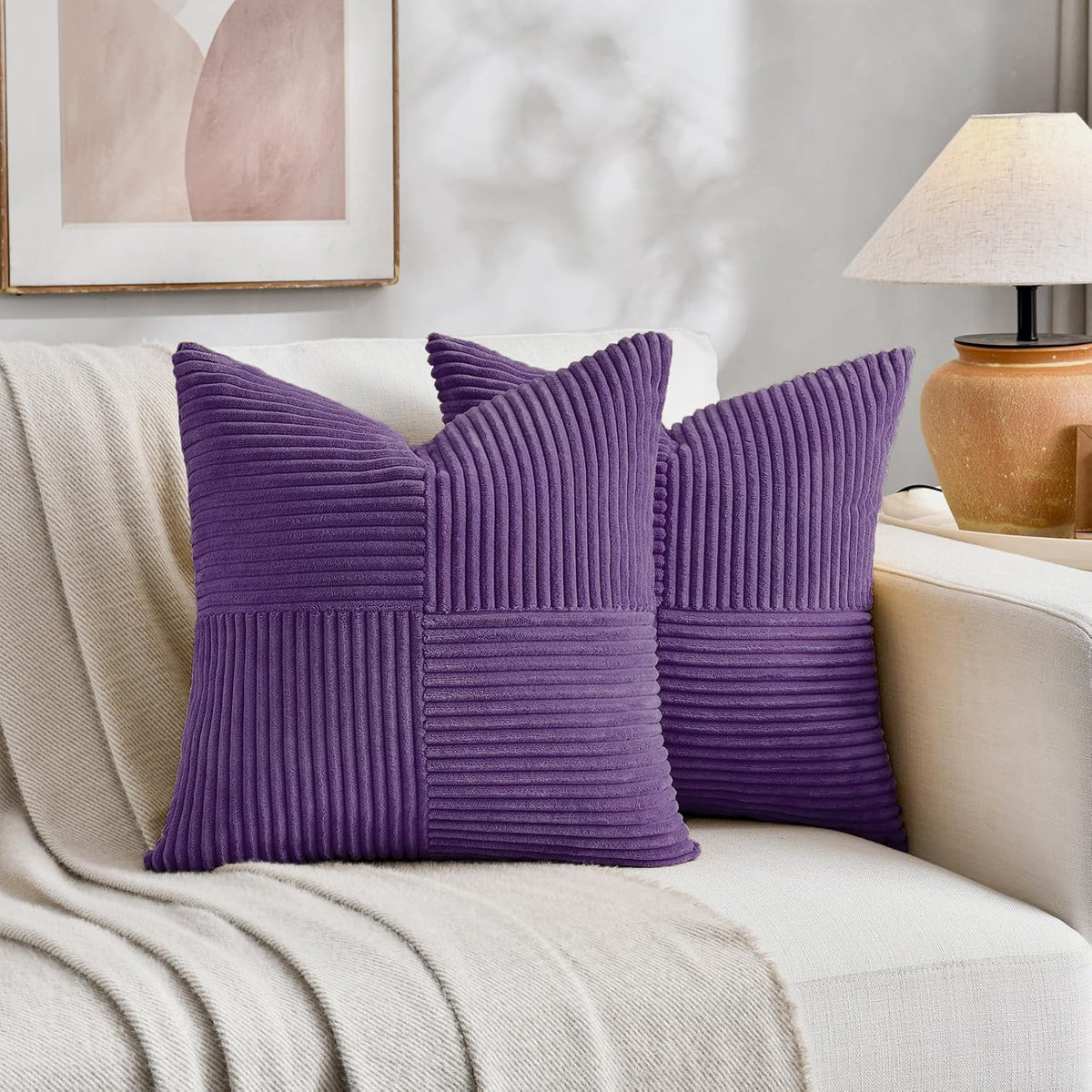 Fancy Homi 2 Packs Purple Big Decorative Throw Pillow Covers 24x24 Inch for Living Room Couch Bed, Farmhouse Boho Home Decor, Soft Corss Corduroy Patchwork Accent Square Cushion Case 60x60 cm