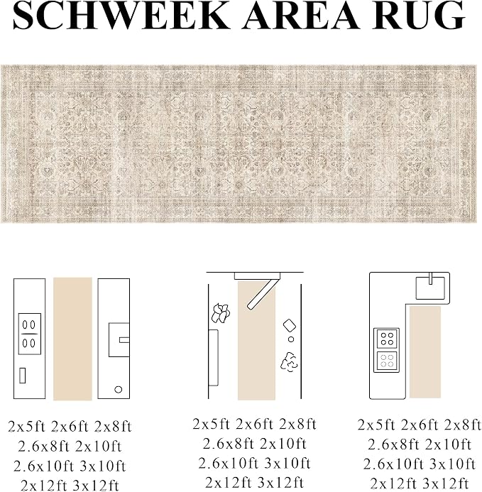 Schweek 3x10 Hallway Runners Washable Non Slip Vintage Beige Kitchen Rug | Soft - Image 2